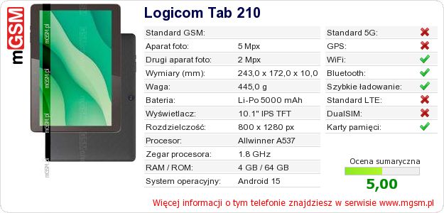 Dane telefonu Logicom Tab 210 Dane telefonu Logicom Tab 210