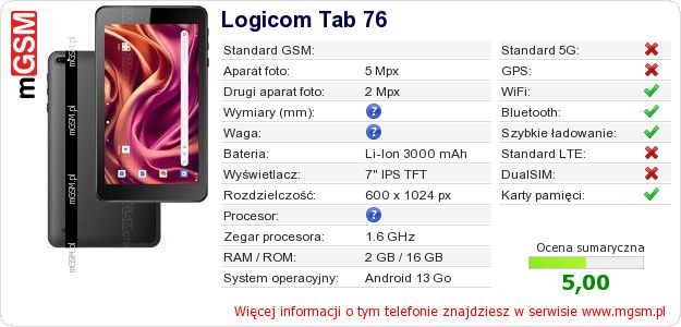 Dane telefonu Logicom Tab 76