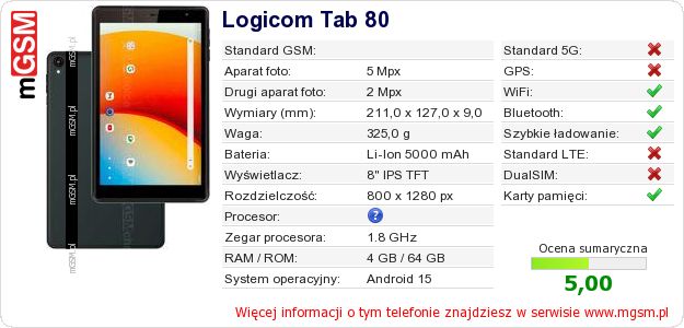 Dane telefonu Logicom Tab 80 Dane telefonu Logicom Tab 80