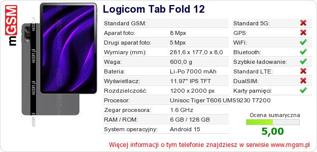 Dane telefonu Logicom Tab Fold 12