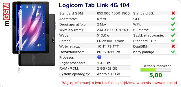 Dane telefonu Logicom Tab Link 4G 104