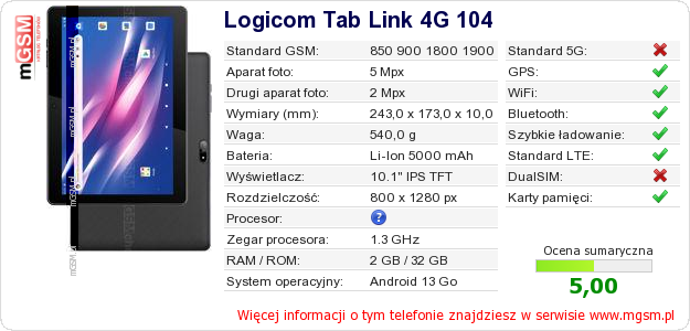 Dane telefonu Logicom Tab Link 4G 104 Dane telefonu Logicom Tab Link 4G 104