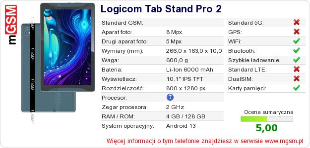 Dane telefonu Logicom Tab Stand Pro 2 Dane telefonu Logicom Tab Stand Pro 2