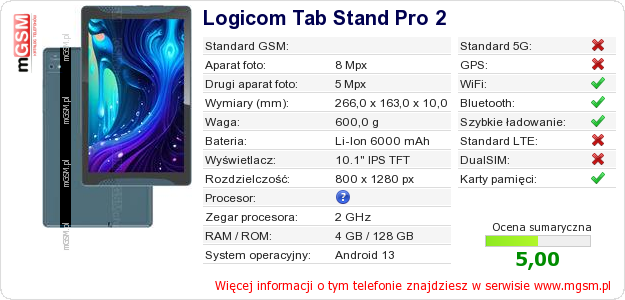 Dane telefonu Logicom Tab Stand Pro 2