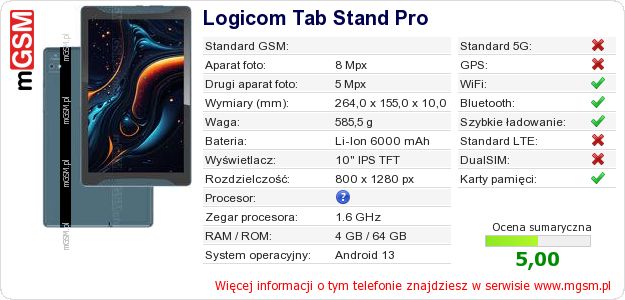 Dane telefonu Logicom Tab Stand Pro