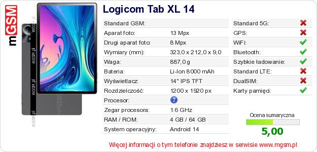 Dane telefonu Logicom Tab XL 14
