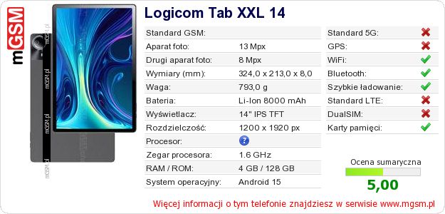 Dane telefonu Logicom Tab XXL 14