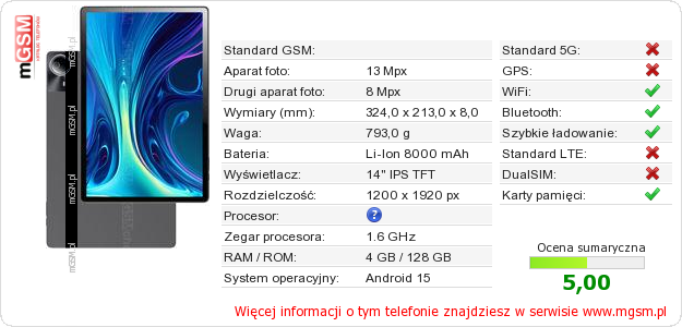 Dane telefonu Logicom Tab XXL 14