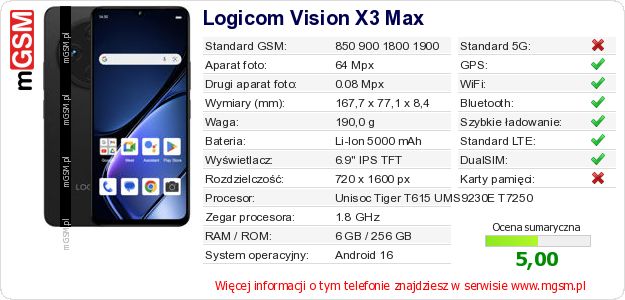 Dane telefonu Logicom Vision X3 Max Dane telefonu Logicom Vision X3 Max