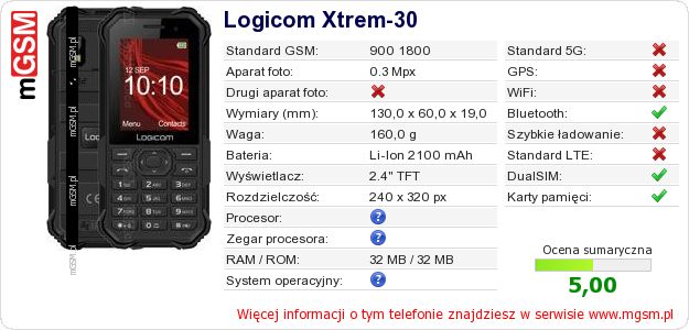 Dane telefonu Logicom Xtrem-30 Dane telefonu Logicom Xtrem-30