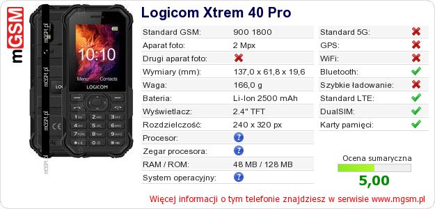 Dane telefonu Logicom Xtrem 40 Pro Dane telefonu Logicom Xtrem 40 Pro