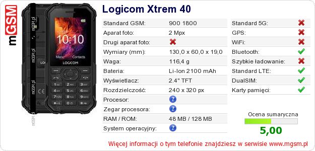 Dane telefonu Logicom Xtrem 40 Dane telefonu Logicom Xtrem 40