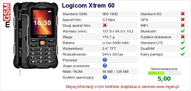 Dane telefonu Logicom Xtrem 60 Dane telefonu Logicom Xtrem 60