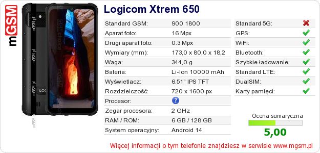 Dane telefonu Logicom Xtrem 650