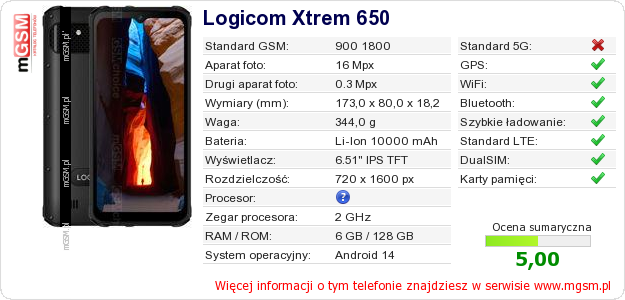 Dane telefonu Logicom Xtrem 650