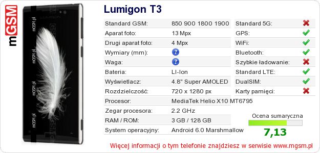 Dane telefonu Lumigon T3