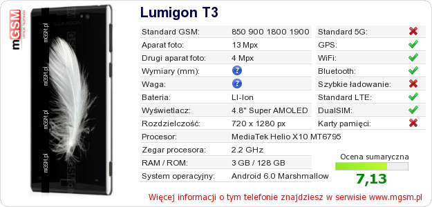 Dane telefonu Lumigon T3