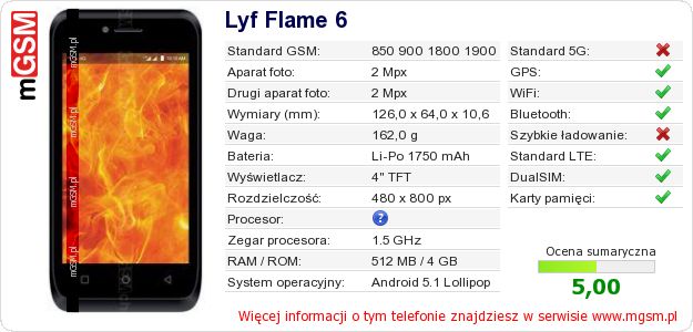 Dane telefonu Lyf Flame 6