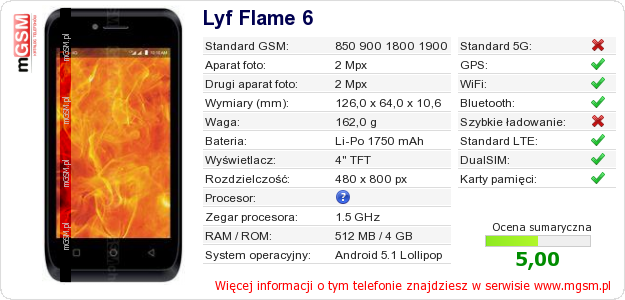 Dane telefonu Lyf Flame 6