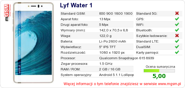 Dane telefonu Lyf Water 1