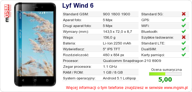 Dane telefonu Lyf Wind 6