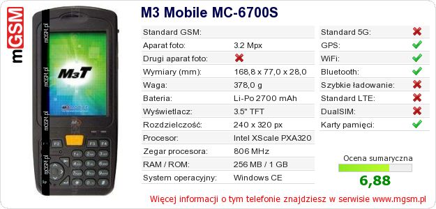 Dane telefonu M3 Mobile MC-6700S