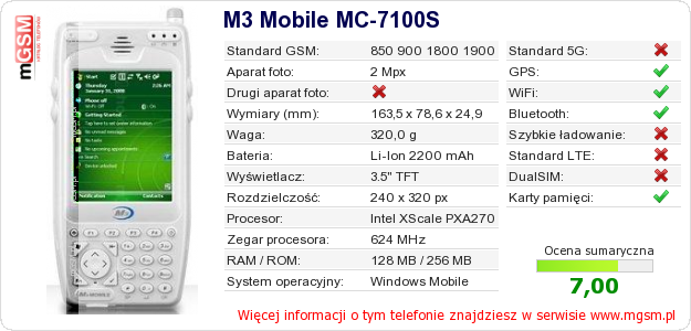 Dane telefonu M3 Mobile MC-7100S