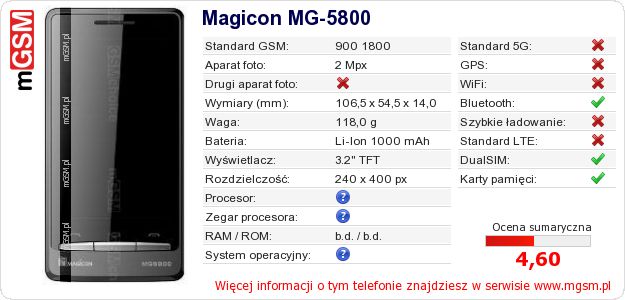 Dane telefonu Magicon MG-5800