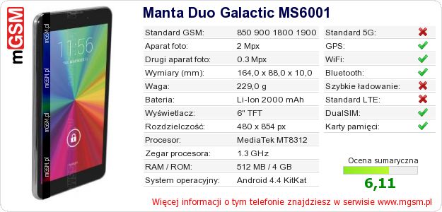 Dane telefonu Manta Duo Galactic MS6001 Dane telefonu Manta Duo Galactic MS6001