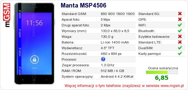 Dane telefonu Manta MSP4506 Dane telefonu Manta MSP4506