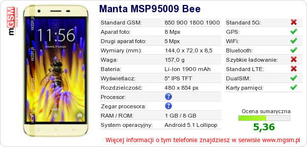Dane telefonu Manta MSP95009 Bee
