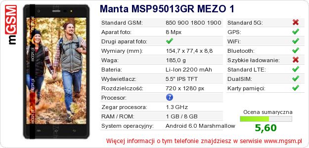 Dane telefonu Manta MSP95013GR MEZO 1