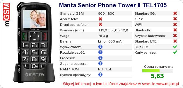 Dane telefonu Manta Senior Phone Tower II TEL1705