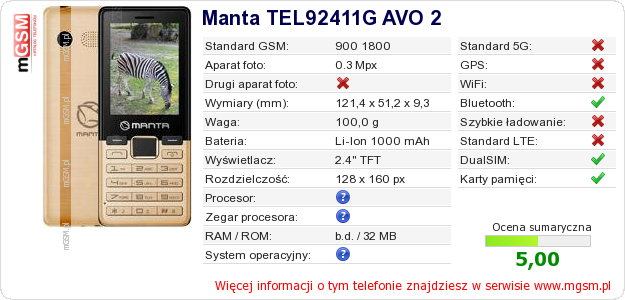 Dane telefonu Manta TEL92411G AVO 2