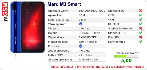 Dane telefonu Marq M3 Smart Dane telefonu Marq M3 Smart