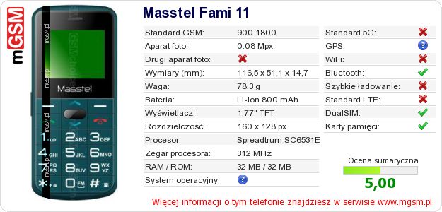 Dane telefonu Masstel Fami 11 Dane telefonu Masstel Fami 11