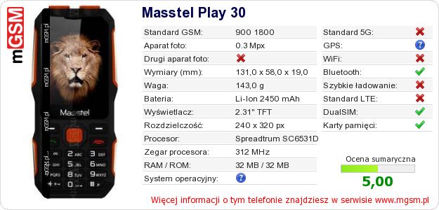 Dane telefonu Masstel Play 30 Dane telefonu Masstel Play 30