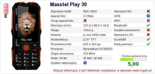 Dane telefonu Masstel Play 30 Dane telefonu Masstel Play 30
