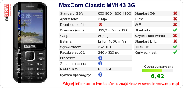 Dane telefonu MaxCom Classic MM143 3G