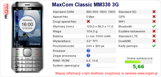 Dane telefonu MaxCom Classic MM330 3G Dane telefonu MaxCom Classic MM330 3G