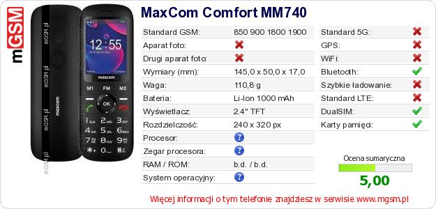 Dane telefonu MaxCom Comfort MM740 Dane telefonu MaxCom Comfort MM740