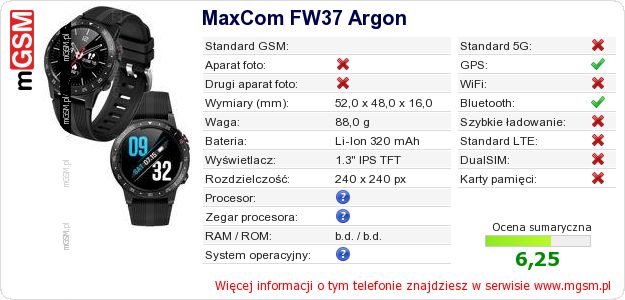 Dane telefonu MaxCom FW37 Argon