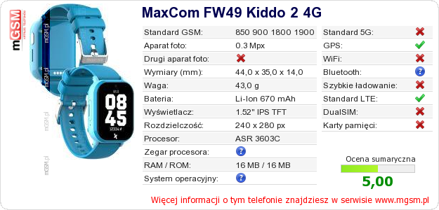 Dane telefonu MaxCom FW49 Kiddo 2 4G