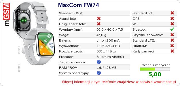 Dane telefonu MaxCom FW74 Dane telefonu MaxCom FW74