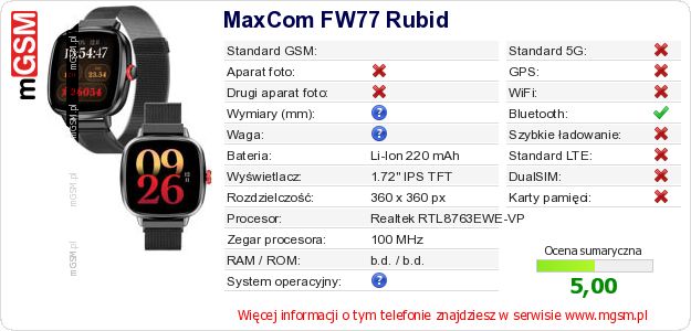 Dane telefonu MaxCom FW77 Rubid Dane telefonu MaxCom FW77 Rubid