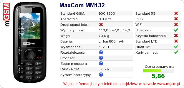 Dane telefonu MaxCom MM132