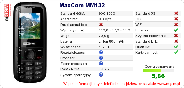 Dane telefonu MaxCom MM132