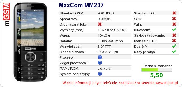 Dane telefonu MaxCom MM237