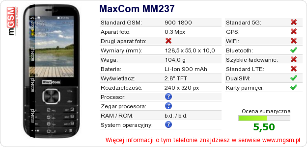 Dane telefonu MaxCom MM237