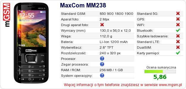 Dane telefonu MaxCom MM238 Dane telefonu MaxCom MM238